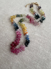 Multi-Color Sapphire Teardrop Necklace: Hand-Knotted Gemstone, Boho Style