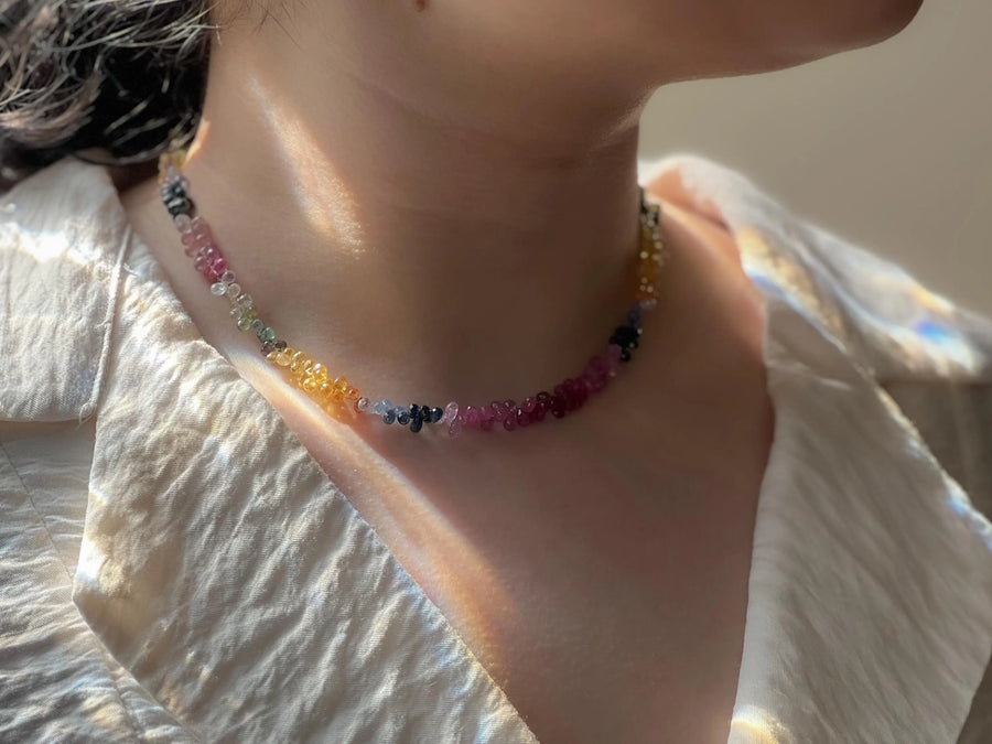 Multi-Color Sapphire Teardrop Necklace: Hand-Knotted Gemstone, Boho Style