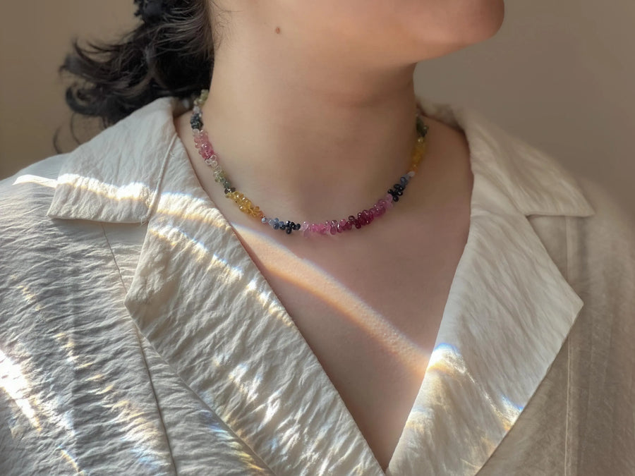 Multi-Color Sapphire Teardrop Necklace: Hand-Knotted Gemstone, Boho Style