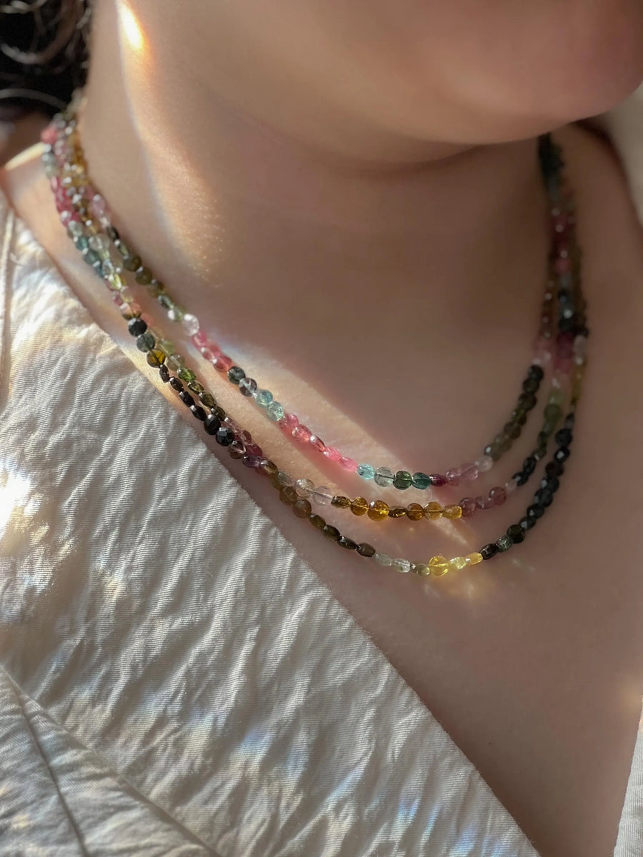 Tourmaline Triple Strand Necklace:  AAA Quality, 14k Gold Filled clasp, Statement Necklace, Classic Style