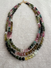 Tourmaline Triple Strand Necklace:  AAA Quality, 14k Gold Filled clasp, Statement Necklace, Classic Style