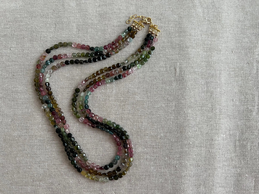Tourmaline Triple Strand Necklace:  AAA Quality, 14k Gold Filled clasp, Statement Necklace, Classic Style