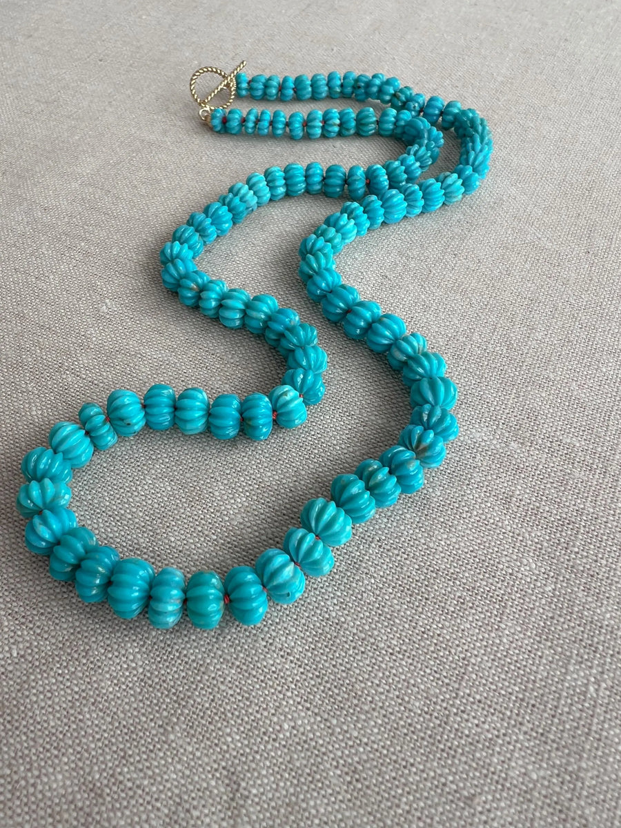 Sleeping Beauty Carved Turquoise Necklace: Hand Knotted Gemstone, 14k Gold Filled Clasp