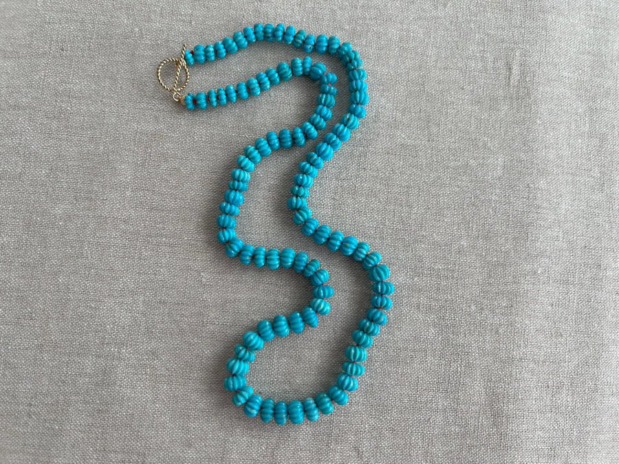 Sleeping Beauty Carved Turquoise Necklace: Hand Knotted Gemstone, 14k Gold Filled Clasp