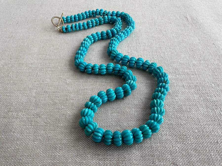 Sleeping Beauty Carved Turquoise Necklace: Hand Knotted Gemstone, 14k Gold Filled Clasp