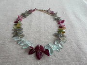 Carved Gemstone Leaves Necklace: Pink Tourmaline, Ruby, Aquamarine, Labradorite