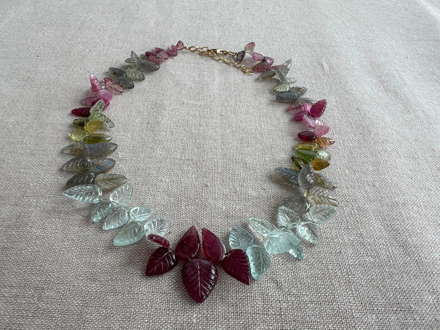 Carved Gemstone Leaves Necklace: Pink Tourmaline, Ruby, Aquamarine, Labradorite