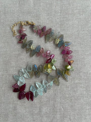 Carved Gemstone Leaves Necklace: Pink Tourmaline, Ruby, Aquamarine, Labradorite