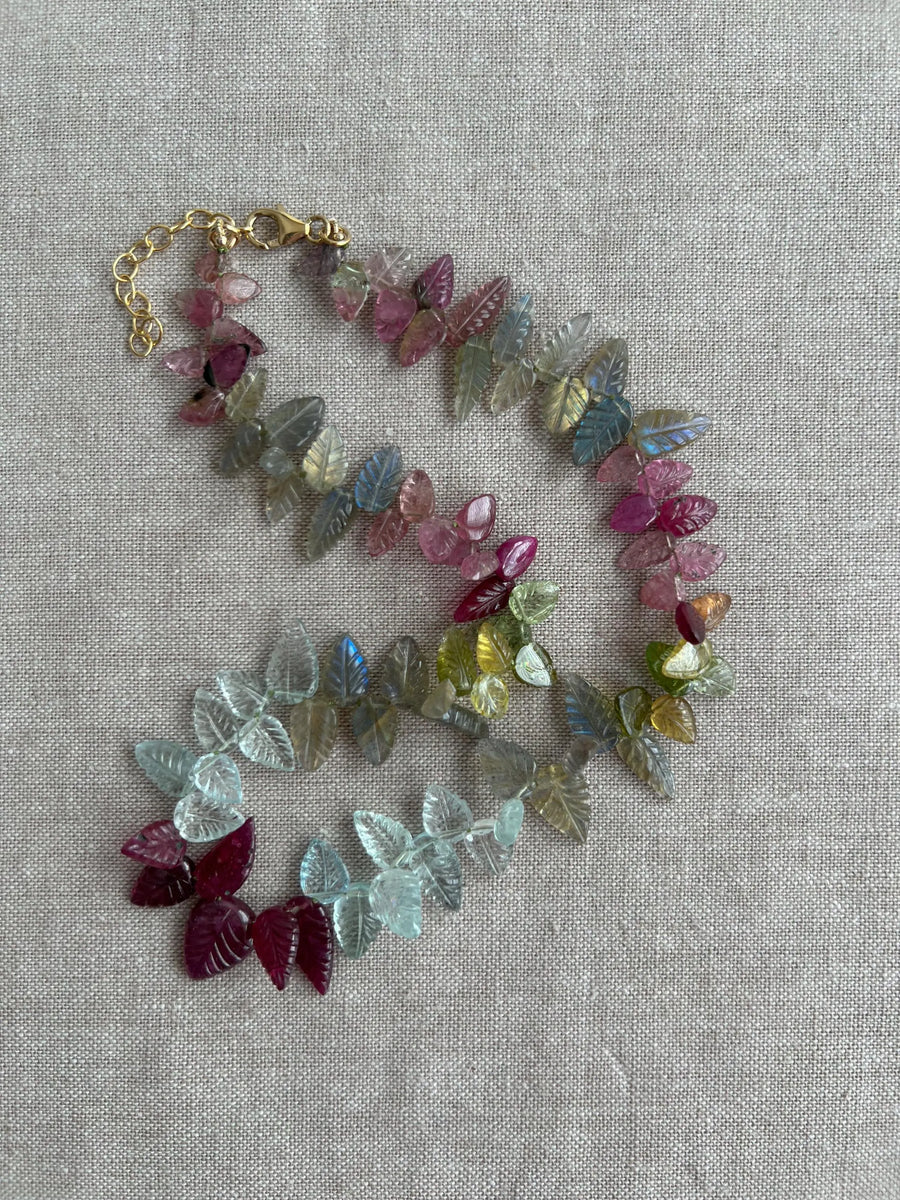 Carved Gemstone Leaves Necklace: Pink Tourmaline, Ruby, Aquamarine, Labradorite