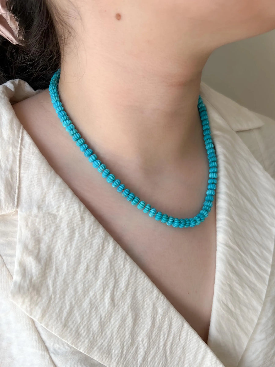 Sleeping Beauty Carved Turquoise Necklace: Hand Knotted Gemstone, 14k Gold Filled Clasp