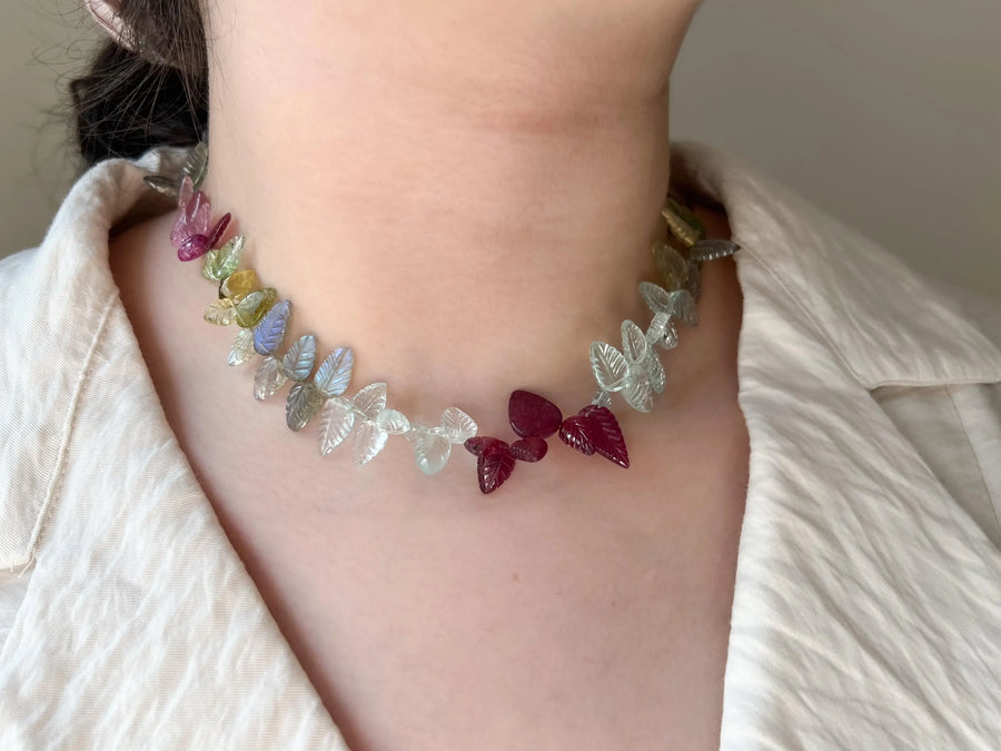Carved Gemstone Leaves Necklace: Pink Tourmaline, Ruby, Aquamarine, Labradorite