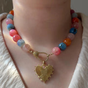 Agate Multi Color Necklace: Gold Starburst Heart Pendant, Statement Boho Jewelry