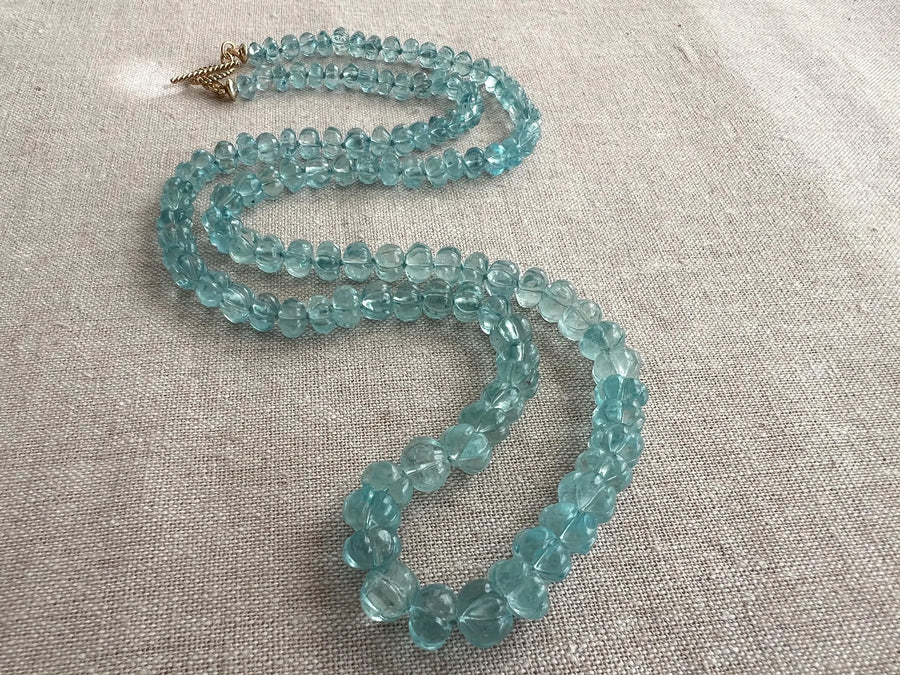 Aquamarine Carved Pumpkin Necklace: Hand Knotted Gemstone, 14k Gold Filled