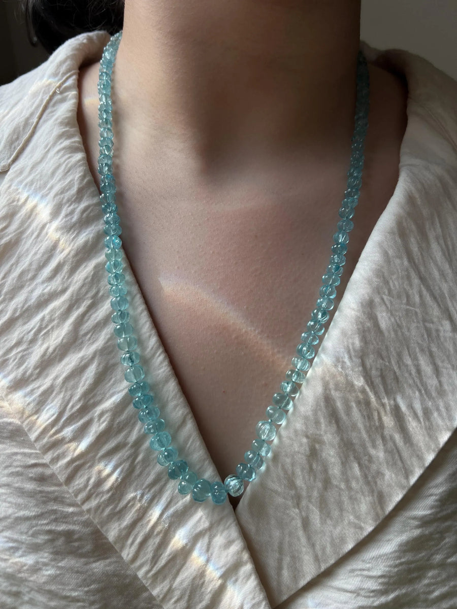 Aquamarine Carved Pumpkin Necklace: Hand Knotted Gemstone, 14k Gold Filled