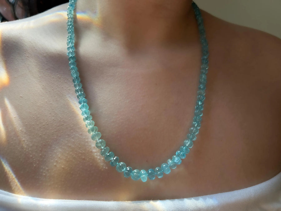 Aquamarine Carved Pumpkin Necklace: Hand Knotted Gemstone, 14k Gold Filled