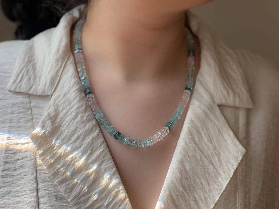 Morganite Aquamarine Gemstone Necklace: Hand Knotted Boho Jewelry, March Birthstone
