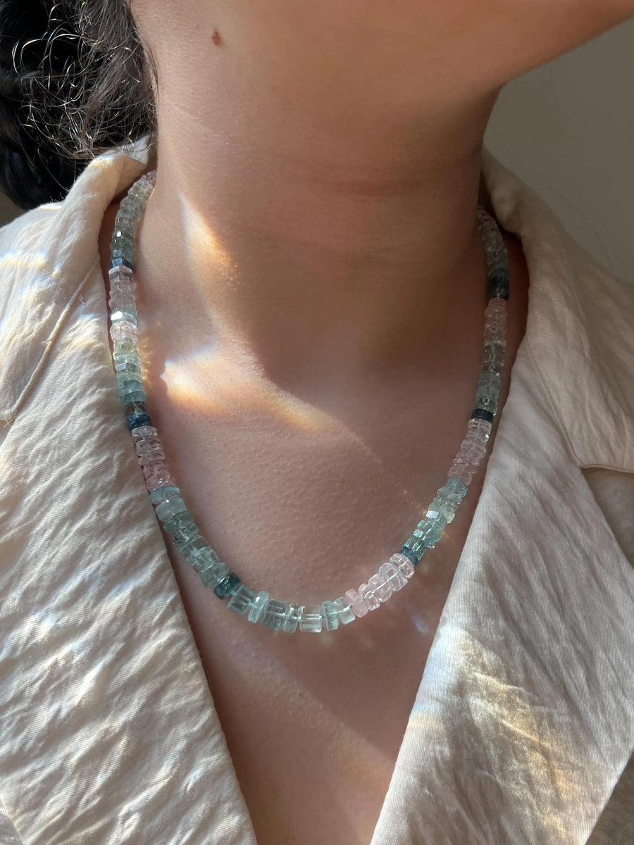 Morganite Aquamarine Gemstone Necklace: Hand Knotted Boho Jewelry, March Birthstone
