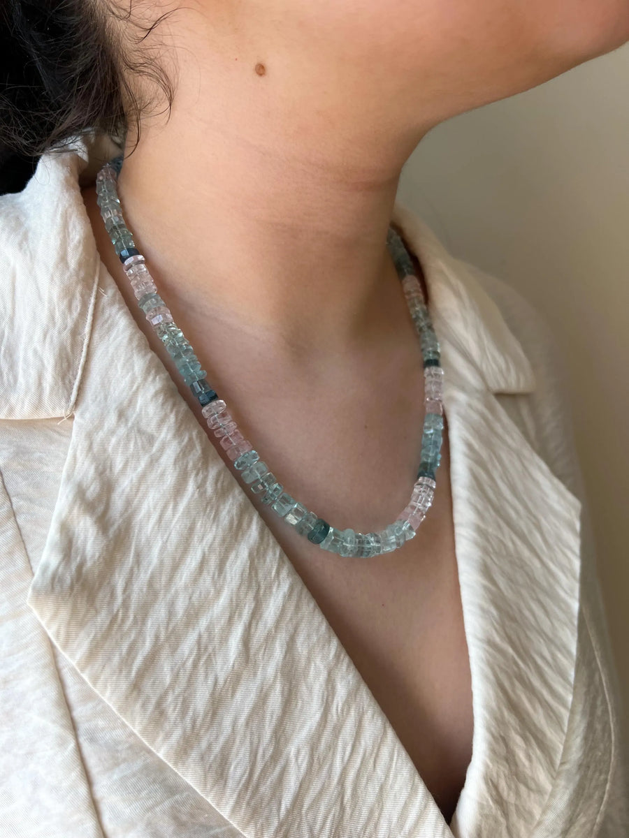 Morganite Aquamarine Gemstone Necklace: Hand Knotted Boho Jewelry, March Birthstone