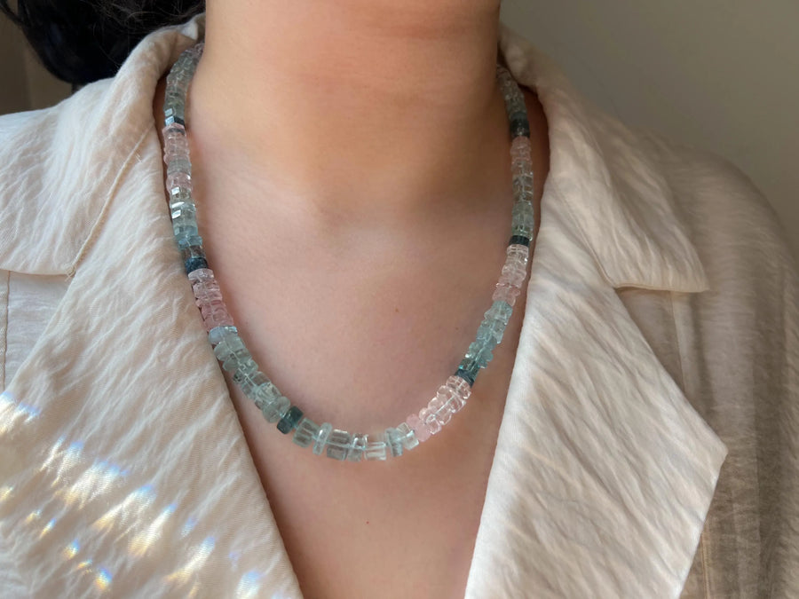 Morganite Aquamarine Gemstone Necklace: Hand Knotted Boho Jewelry, March Birthstone