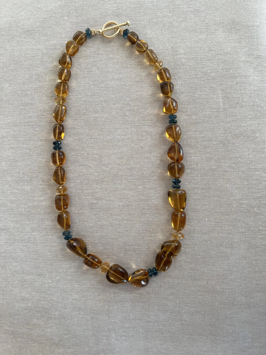Whiskey Quartz Necklace: London Blue Topaz Accents, Hand Knotted Gemstone Necklace