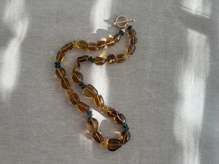 Whiskey Quartz Necklace: London Blue Topaz Accents, Hand Knotted Gemstone Necklace