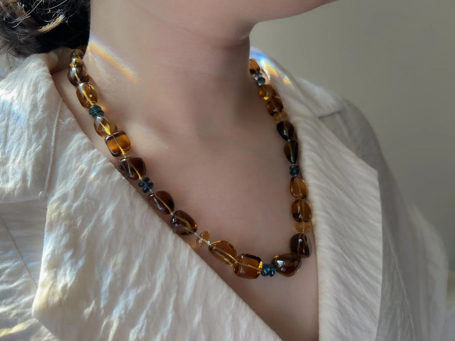Whiskey Quartz Necklace: London Blue Topaz Accents, Hand Knotted Gemstone Necklace