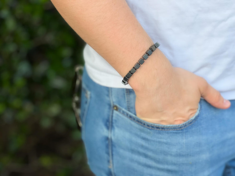 Matte Black Hematite Men's Bracelet: Unisex Gemstone Stretch Jewelry