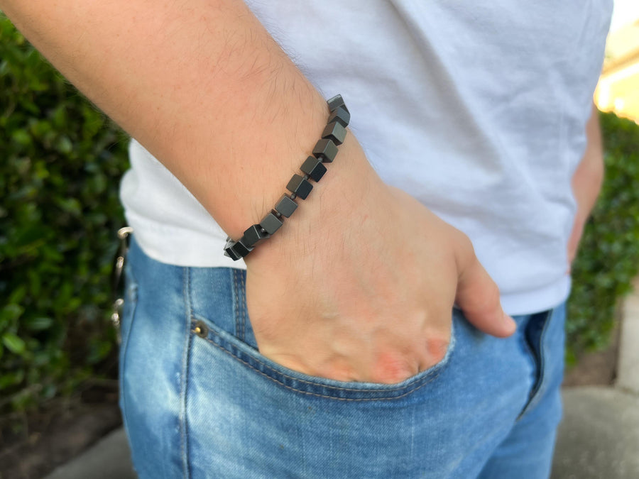 Matte Black Hematite Men's Bracelet: Unisex Gemstone Stretch Jewelry