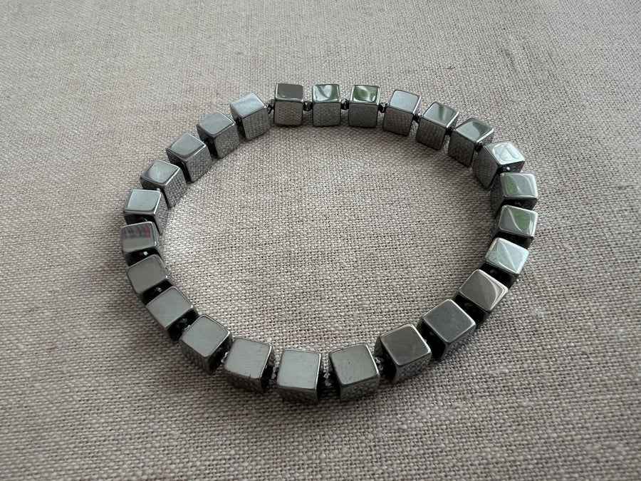 Silver Hematite Cube Bracelet: Unisex Boho Jewelry