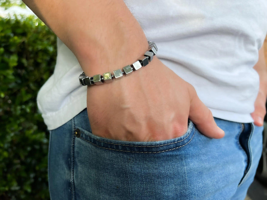 Silver Hematite Cube Bracelet: Unisex Boho Jewelry
