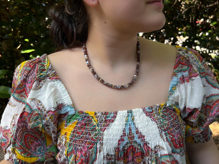 Chocolate Moonstone Cube Necklace: 14k Gold Filled, Hand Knotted Gemstones