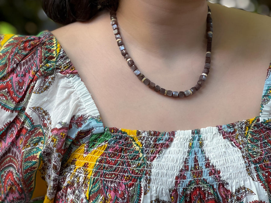 Chocolate Moonstone Cube Necklace: 14k Gold Filled, Hand Knotted Gemstones