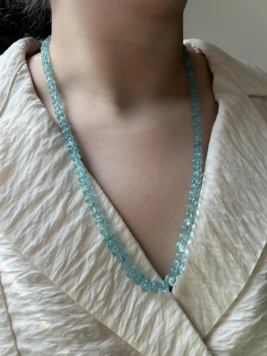 Aquamarine Carved Pumpkin Necklace: Hand Knotted Gemstone, 14k Gold Filled