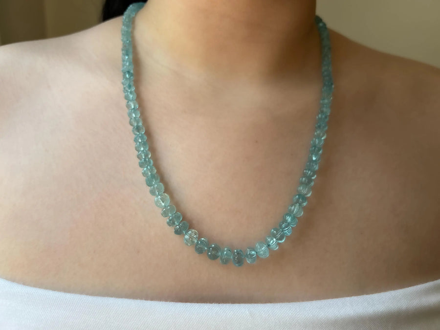 Aquamarine Carved Pumpkin Necklace: Hand Knotted Gemstone, 14k Gold Filled