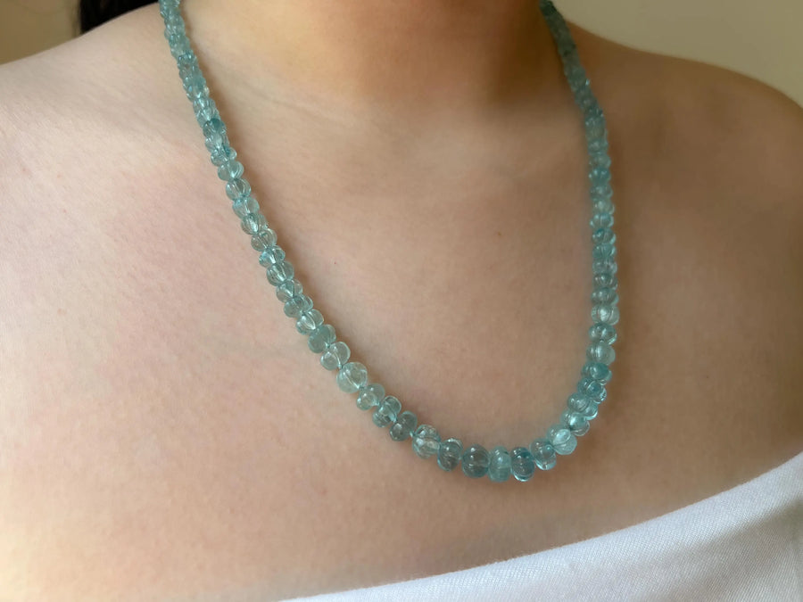 Aquamarine Carved Pumpkin Necklace: Hand Knotted Gemstone, 14k Gold Filled