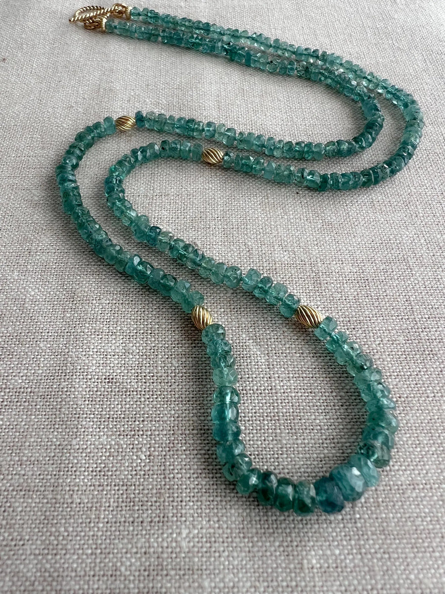 Blue Tourmaline Necklace: 14k Gold Accents, Hand Knotted Gemstones