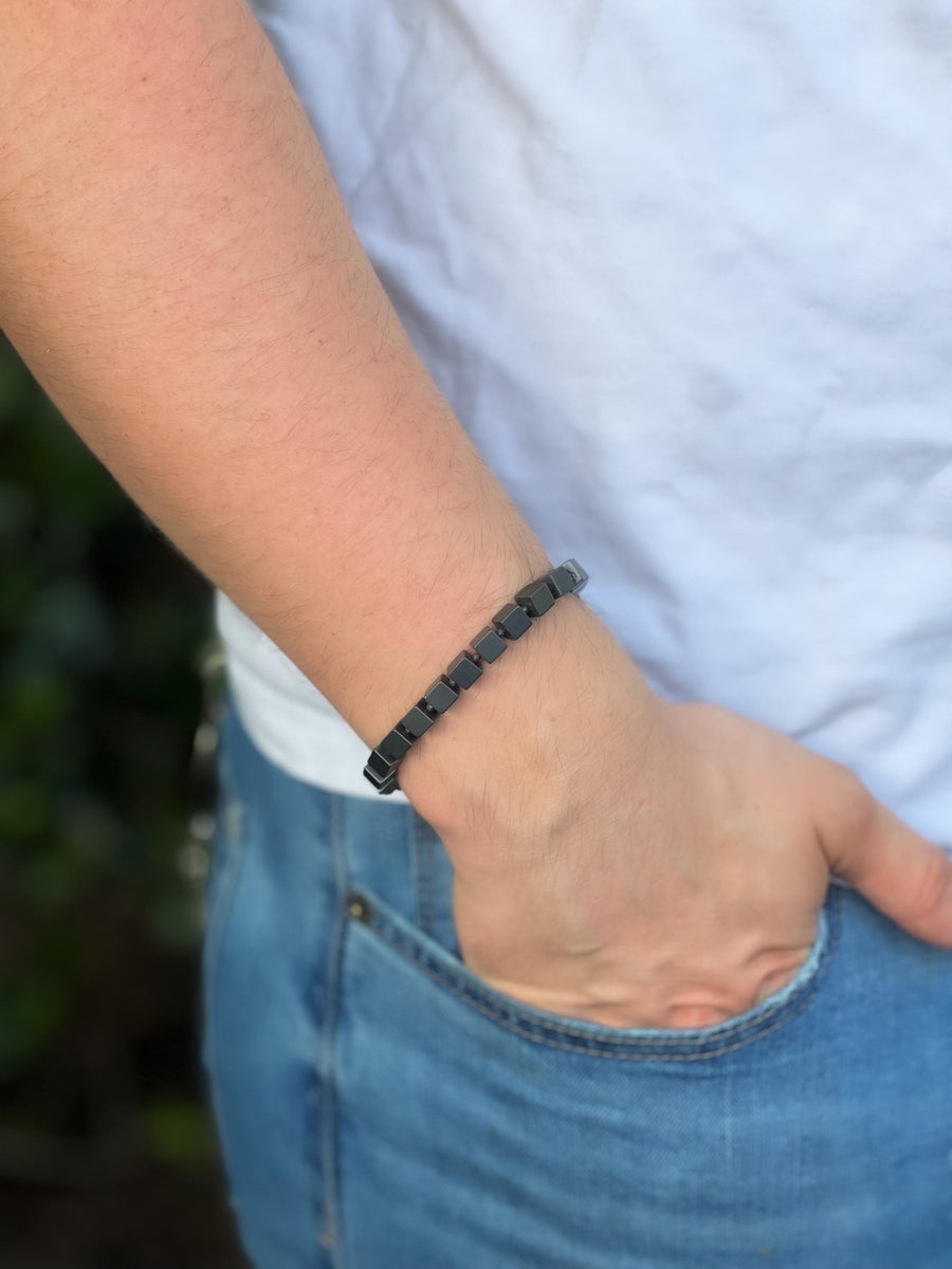 Matte Black Hematite Men's Bracelet: Unisex Gemstone Stretch Jewelry
