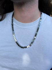 Men's Hematite Cube Necklace: Oxidized Sterling Silver Clasp