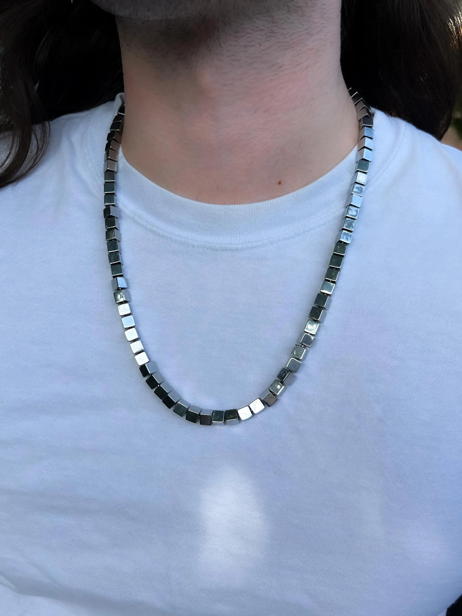 Men's Hematite Cube Necklace: Oxidized Sterling Silver Clasp