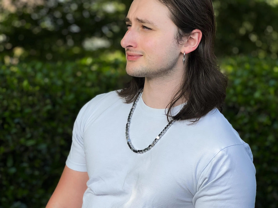 Men's Hematite Cube Necklace: Oxidized Sterling Silver Clasp