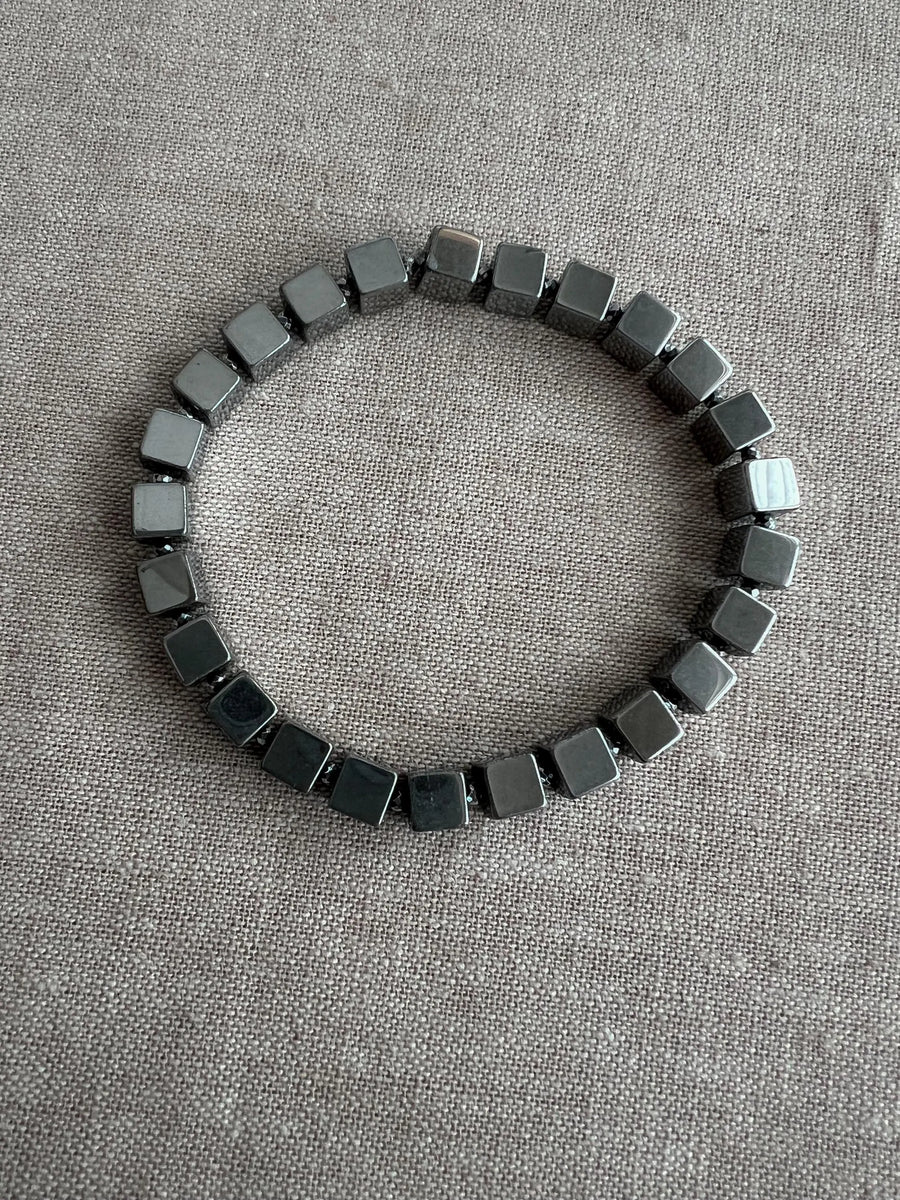 Silver Hematite Cube Bracelet: Unisex Boho Jewelry