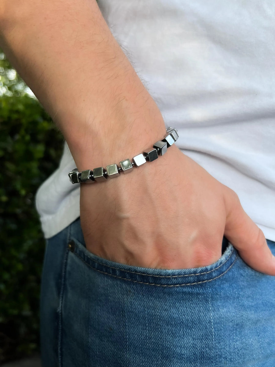 Silver Hematite Cube Bracelet: Unisex Boho Jewelry
