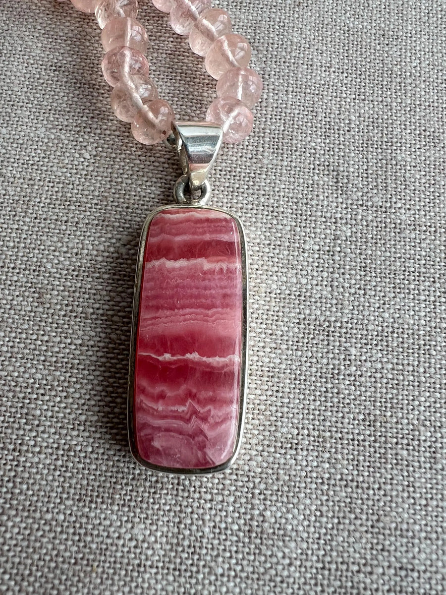 Peach Morganite Necklace: Rhodochrosite Pendant, Hand Knotted Gemstones