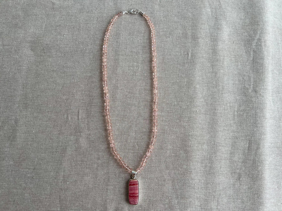 Peach Morganite Necklace: Rhodochrosite Pendant, Hand Knotted Gemstones