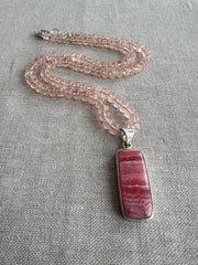 Peach Morganite Necklace: Rhodochrosite Pendant, Hand Knotted Gemstones