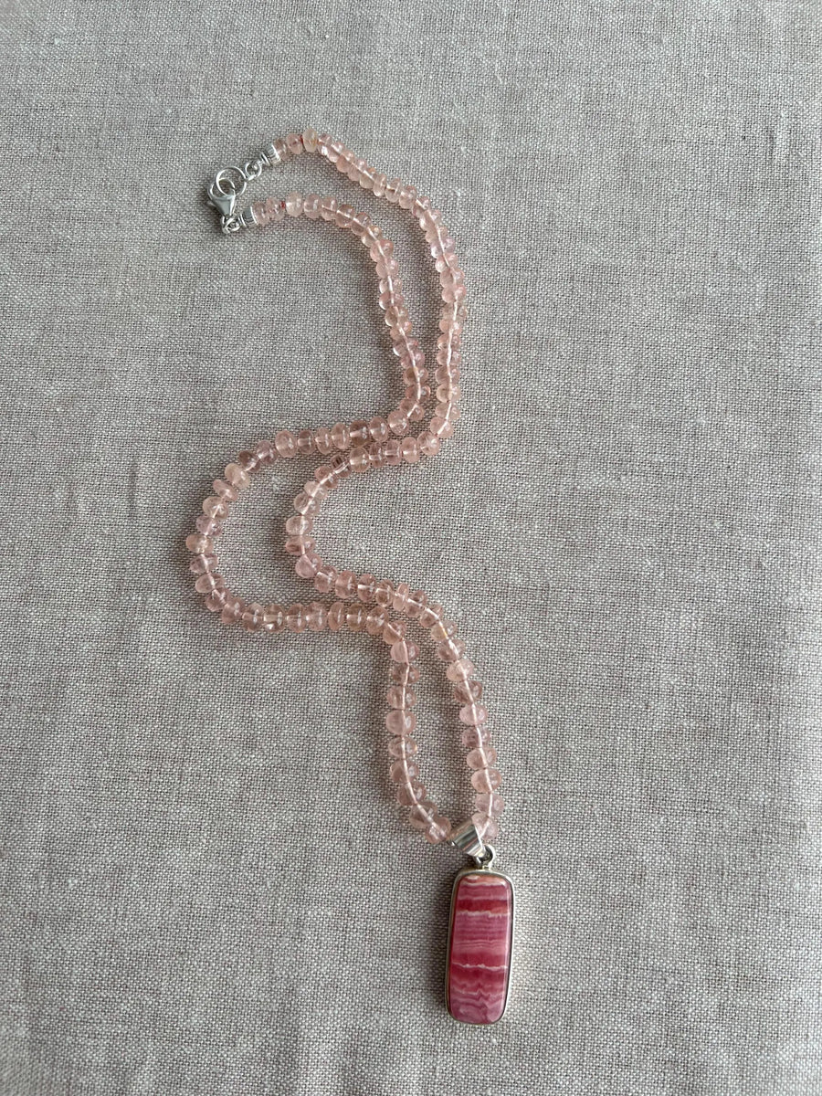 Peach Morganite Necklace: Rhodochrosite Pendant, Hand Knotted Gemstones