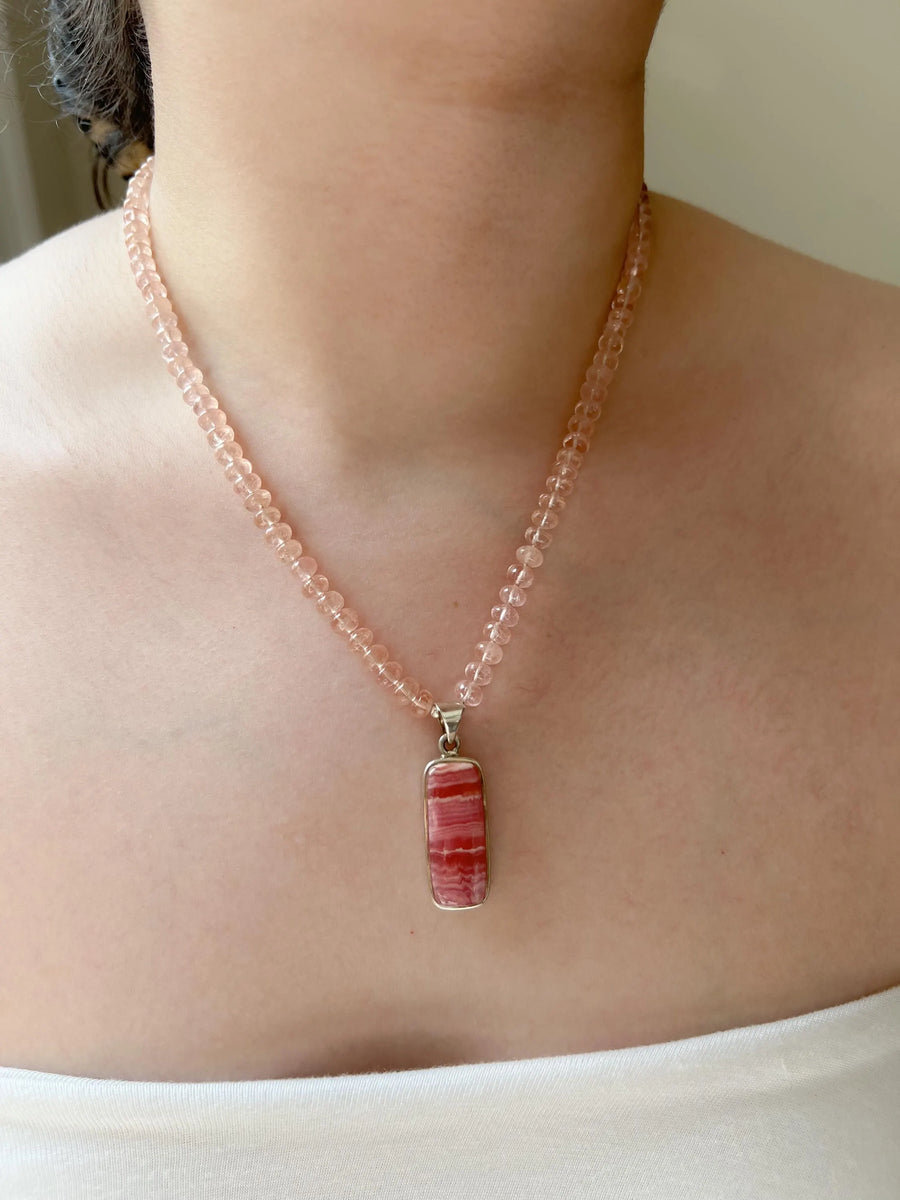 Peach Morganite Necklace: Rhodochrosite Pendant, Hand Knotted Gemstones