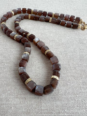 Chocolate Moonstone Cube Necklace: 14k Gold Filled, Hand Knotted Gemstones