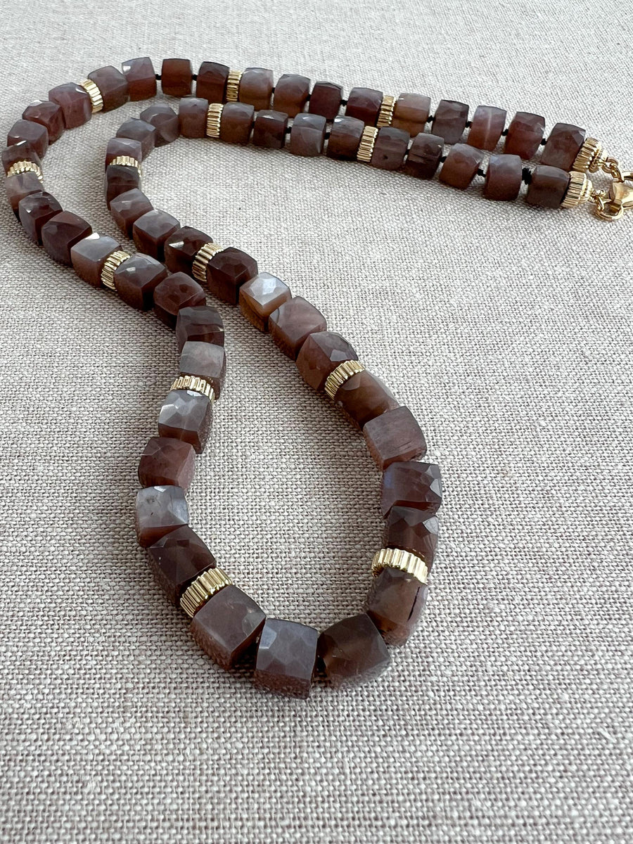 Chocolate Moonstone Cube Necklace: 14k Gold Filled, Hand Knotted Gemstones