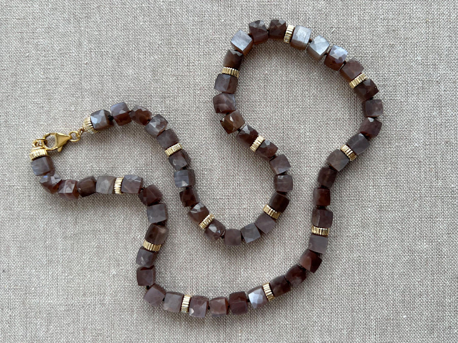 Chocolate Moonstone Cube Necklace: 14k Gold Filled, Hand Knotted Gemstones